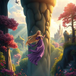 A whimsical and artistic interpretation of a fairy tale scene, featuring a young woman with long flowing hair cascading down a towering castle