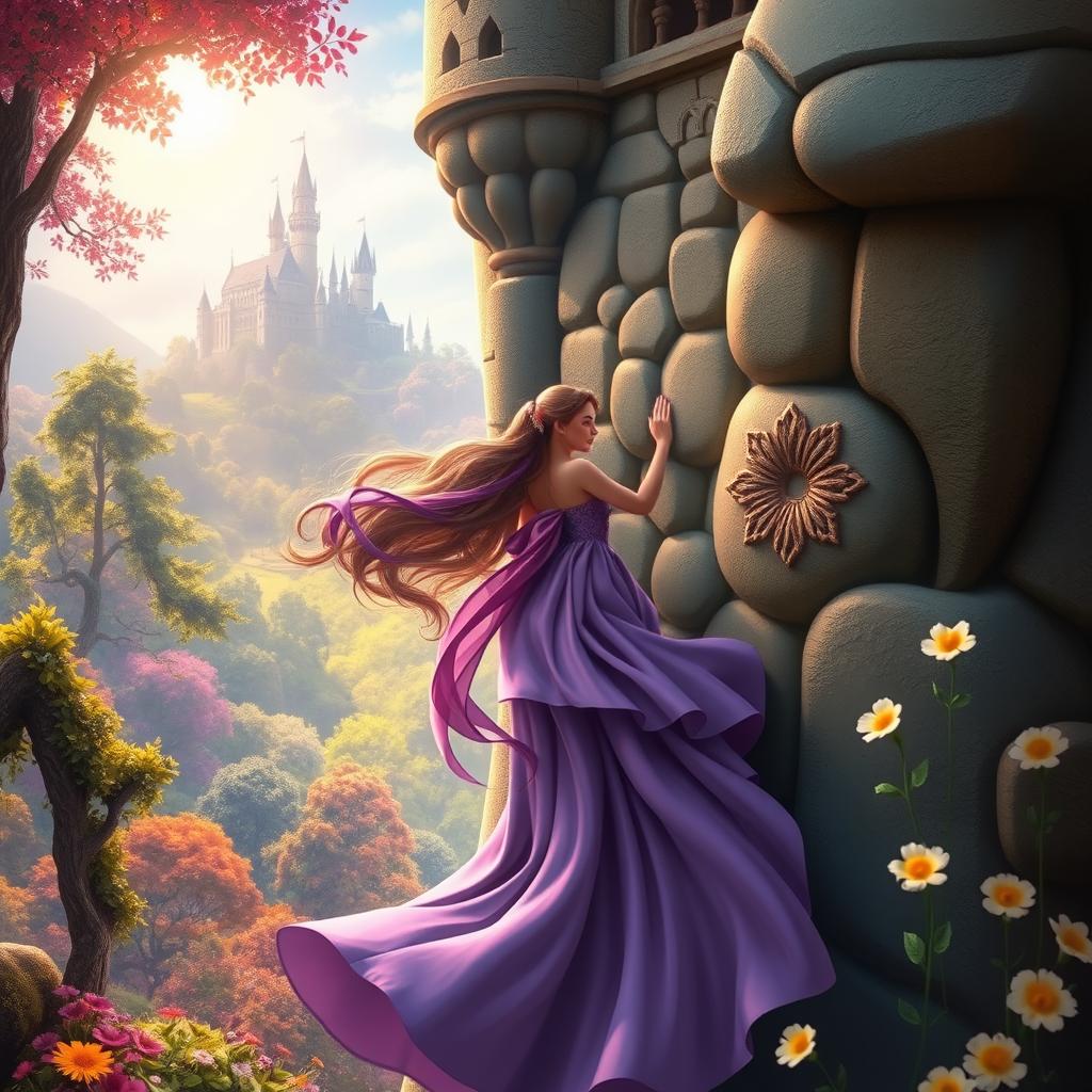 A whimsical and artistic interpretation of a fairy tale scene, featuring a young woman with long flowing hair cascading down a towering castle