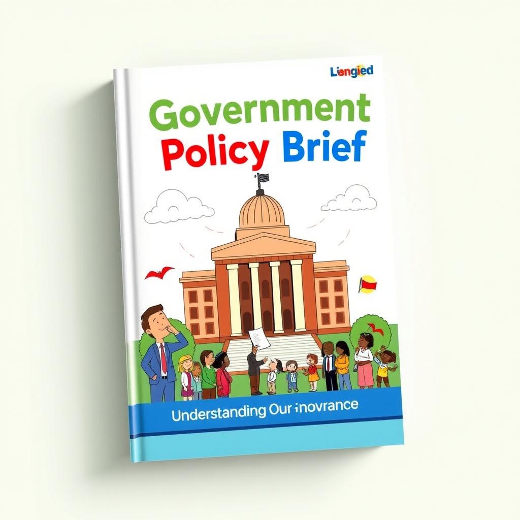 A colorful and engaging cartoon-style book cover for a policy brief about government policies