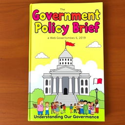 A colorful and engaging cartoon-style book cover for a policy brief about government policies