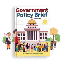 A colorful and engaging cartoon-style book cover for a policy brief about government policies