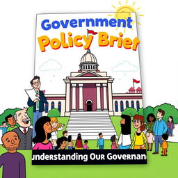 A colorful and engaging cartoon-style book cover for a policy brief about government policies