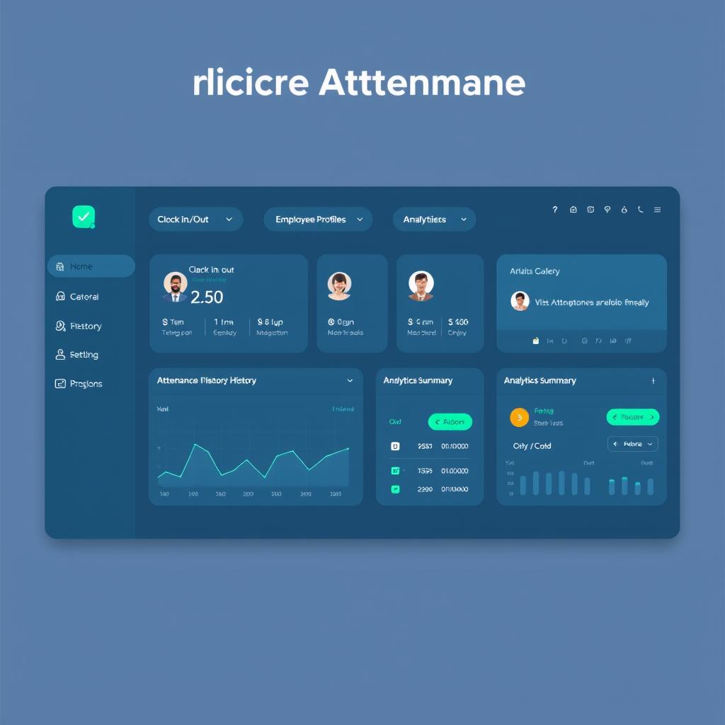 A clean and user-friendly biometrics attendance dashboard design, featuring a minimalist layout with clear sections for various functionalities such as clocking in/out, viewing attendance history, employee profiles, and analytics summary