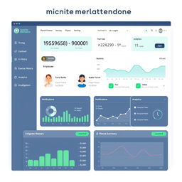 A clean and user-friendly biometrics attendance dashboard design, featuring a minimalist layout with clear sections for various functionalities such as clocking in/out, viewing attendance history, employee profiles, and analytics summary