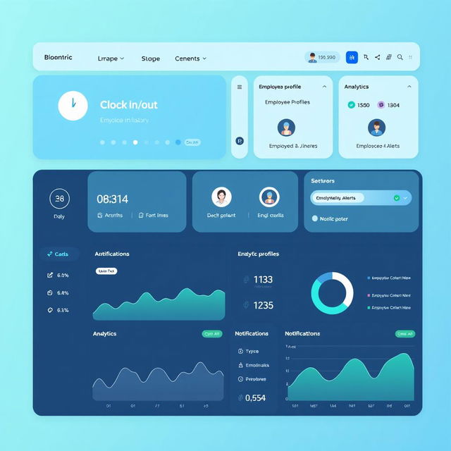 A clean and user-friendly biometrics attendance dashboard design, featuring a minimalist layout with clear sections for various functionalities such as clocking in/out, viewing attendance history, employee profiles, and analytics summary