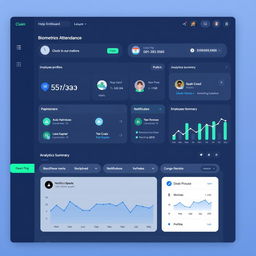 A clean and user-friendly biometrics attendance dashboard design, featuring a minimalist layout with clear sections for various functionalities such as clocking in/out, viewing attendance history, employee profiles, and analytics summary
