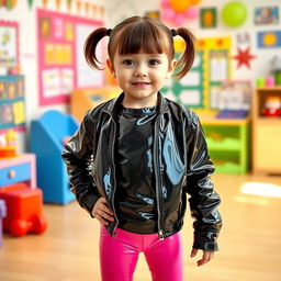 A preschool girl with short hair styled in pigtails stands confidently in a kindergarten setting