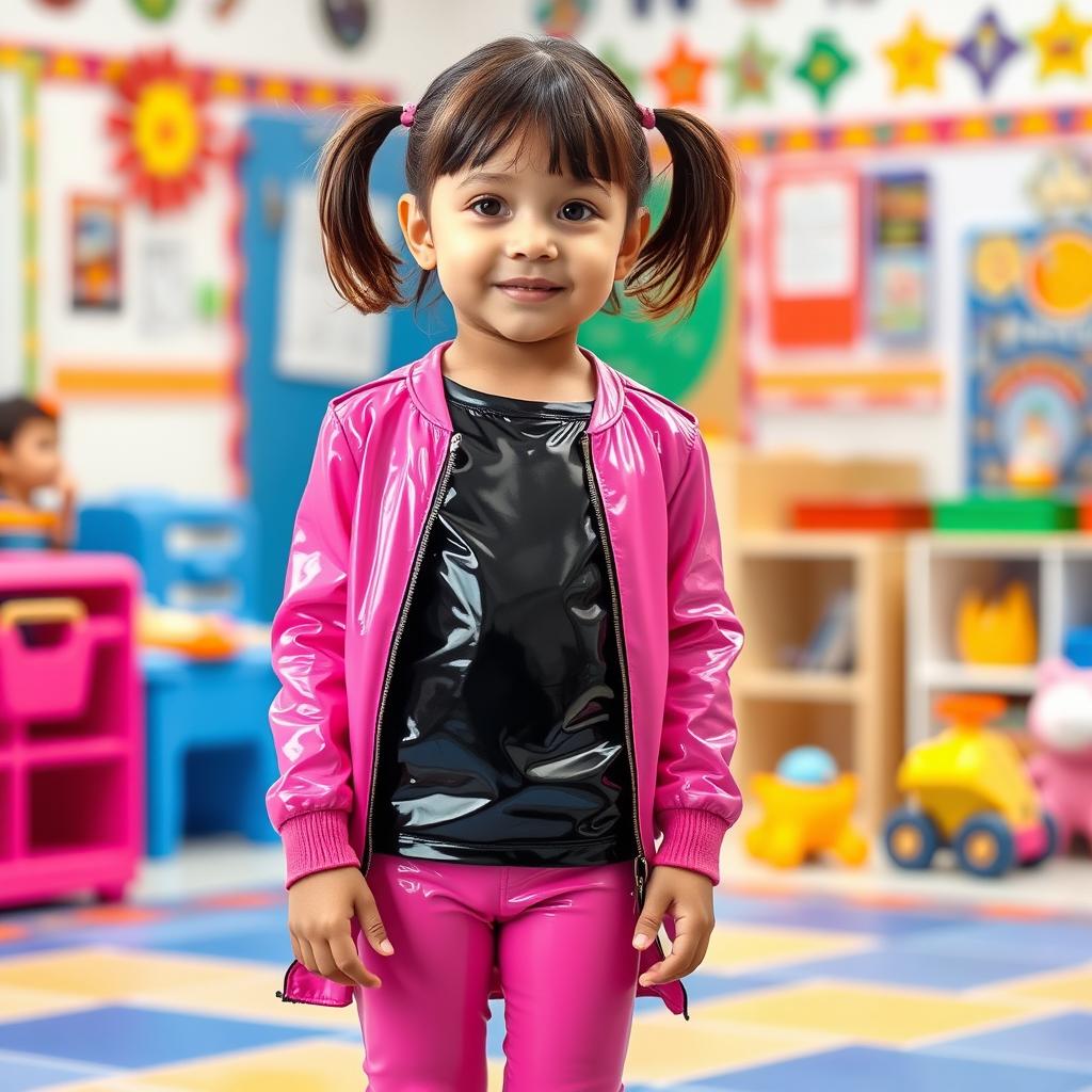 A preschool girl with short hair styled in pigtails stands confidently in a kindergarten setting