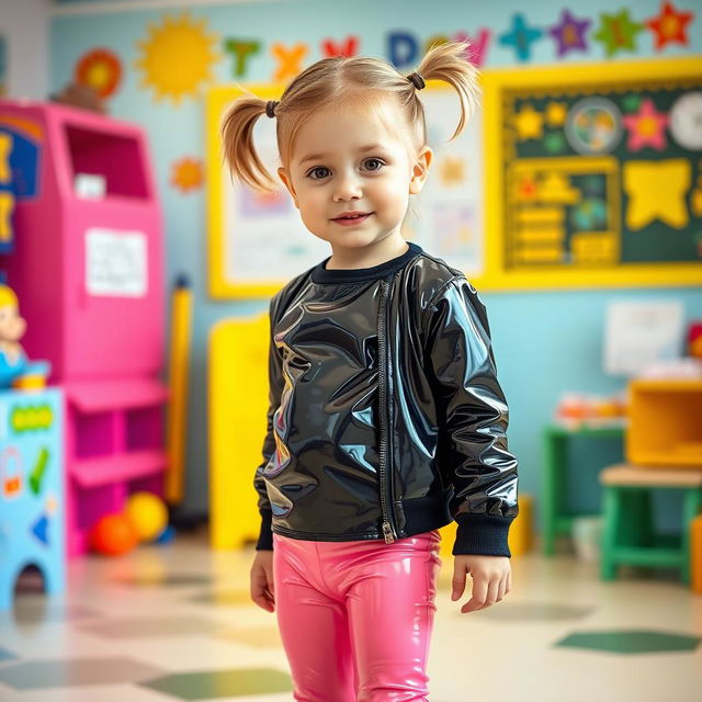 A preschool girl with short hair styled in pigtails stands confidently in a kindergarten setting