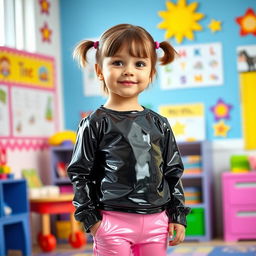 A preschool girl with short hair styled in pigtails stands confidently in a kindergarten setting