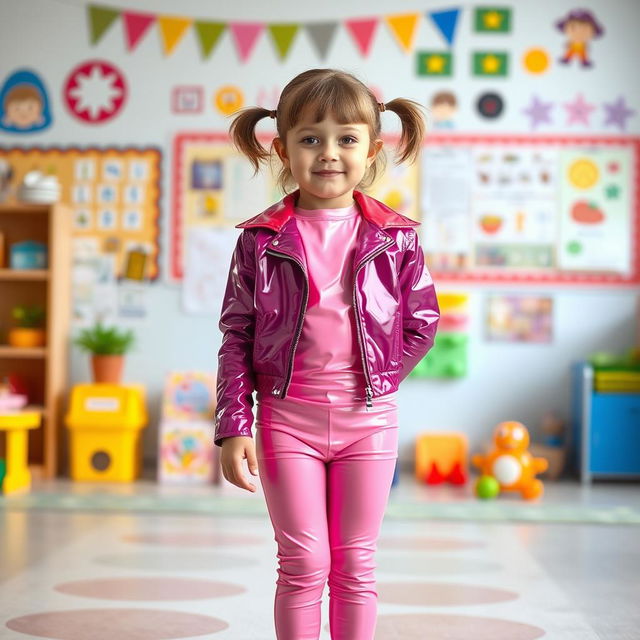 A preschool girl with short hair styled in pigtails stands confidently in a kindergarten setting