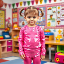 A preschool girl with short hair styled in pigtails stands confidently in a kindergarten setting