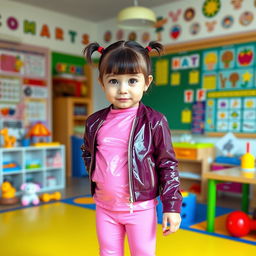 A preschool girl with short hair styled in pigtails stands confidently in a kindergarten setting