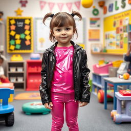 A preschool girl with short hair styled in pigtails stands confidently in a kindergarten setting