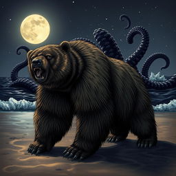 A massive bear with a fierce expression growling on the sandy shore, its fur ruffled by the wind