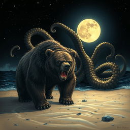 A massive bear with a fierce expression growling on the sandy shore, its fur ruffled by the wind