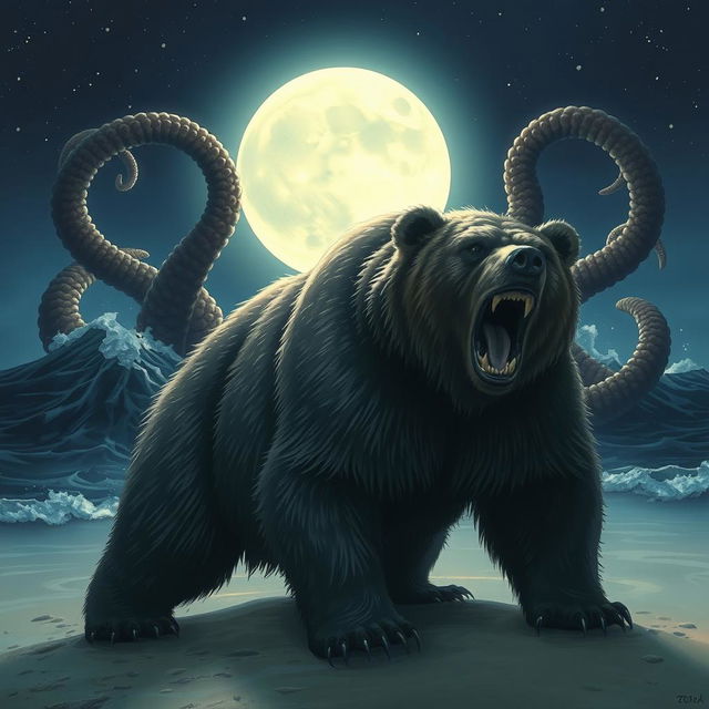 A massive bear with a fierce expression growling on the sandy shore, its fur ruffled by the wind