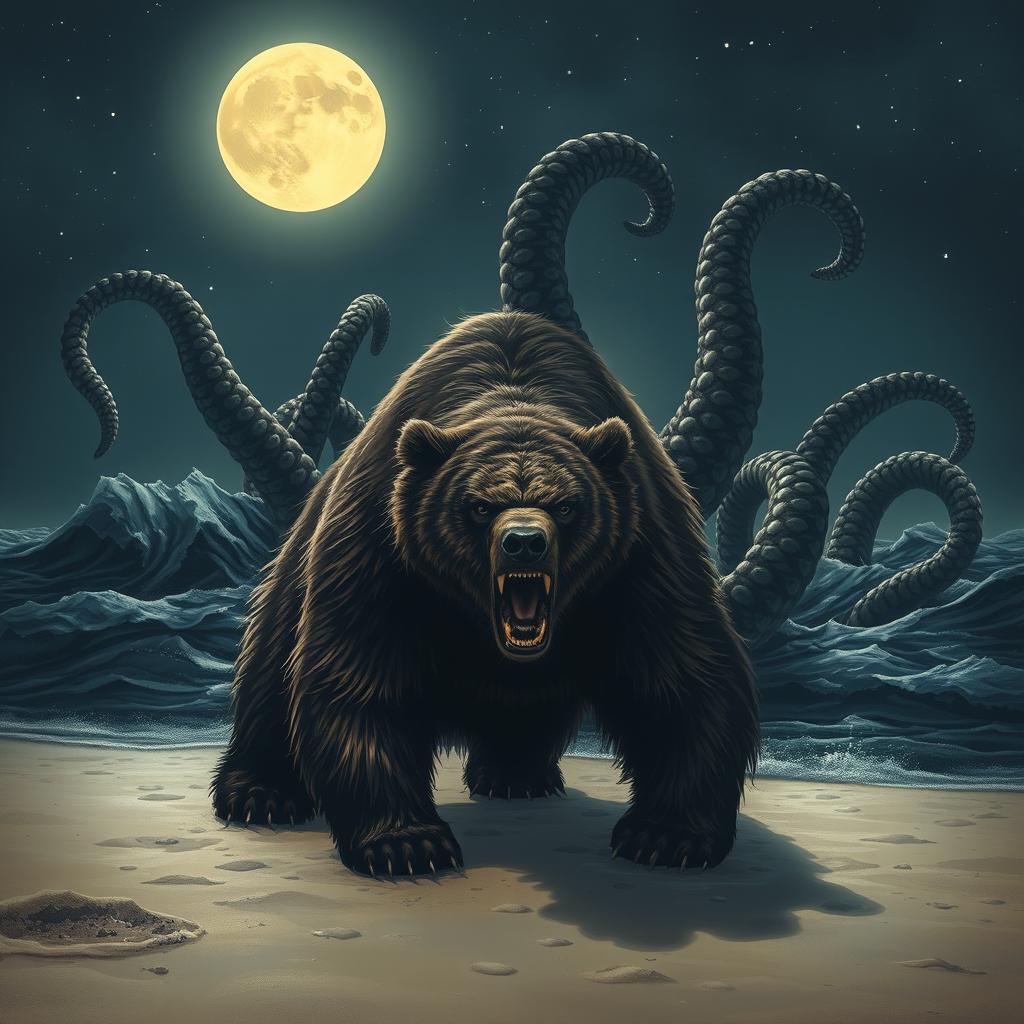 A massive bear with a fierce expression growling on the sandy shore, its fur ruffled by the wind