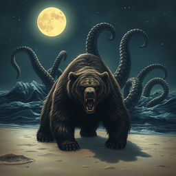 A massive bear with a fierce expression growling on the sandy shore, its fur ruffled by the wind