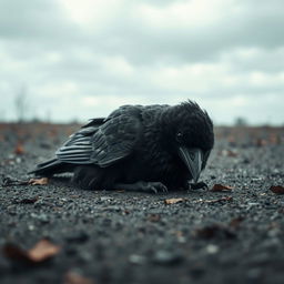 A sad black crow lying on the ground, its feathers slightly ruffled and its eyes reflecting sorrow
