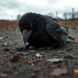 A sad black crow lying on the ground, its feathers slightly ruffled and its eyes reflecting sorrow