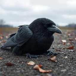 A sad black crow lying on the ground, its feathers slightly ruffled and its eyes reflecting sorrow