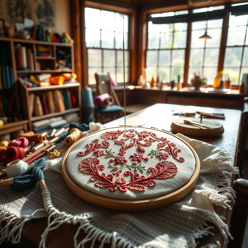 A cozy embroidery atelier filled with colorful threads and spools, a sharp needle poised above a beautiful, intricate embroidery project