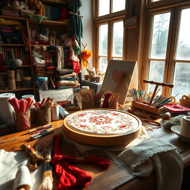 A cozy embroidery atelier filled with colorful threads and spools, a sharp needle poised above a beautiful, intricate embroidery project