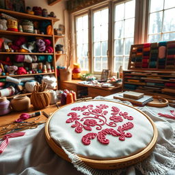 A cozy embroidery atelier filled with colorful threads and spools, a sharp needle poised above a beautiful, intricate embroidery project