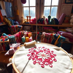 A cozy embroidery atelier filled with colorful threads and spools, a sharp needle poised above a beautiful, intricate embroidery project