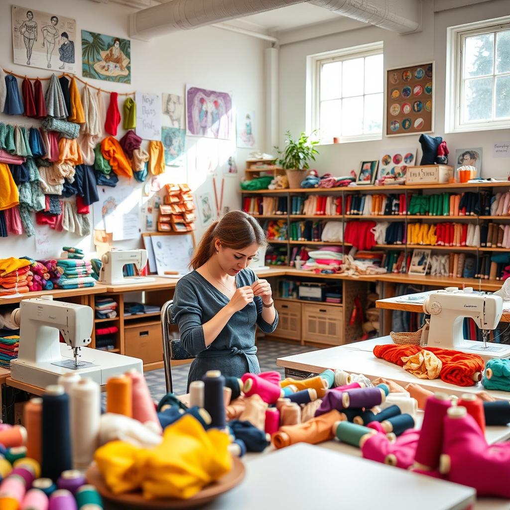 A vibrant and creative atelier filled with colorful threads of various textures and hues, neatly arranged on shelves and tables