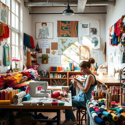 A vibrant and creative atelier filled with colorful threads of various textures and hues, neatly arranged on shelves and tables