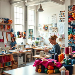 A vibrant and creative atelier filled with colorful threads of various textures and hues, neatly arranged on shelves and tables