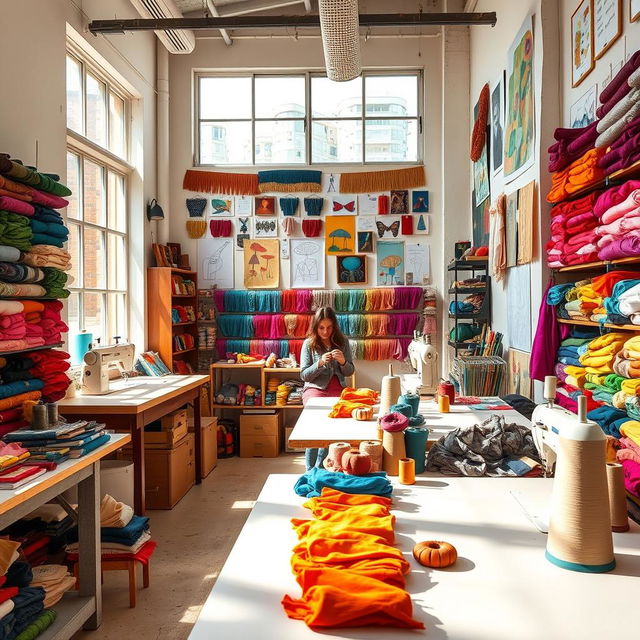 A vibrant and creative atelier filled with colorful threads of various textures and hues, neatly arranged on shelves and tables