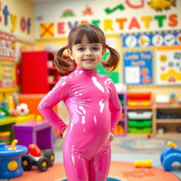 A preschool girl with short hair styled in pigtails stands confidently in a kindergarten setting