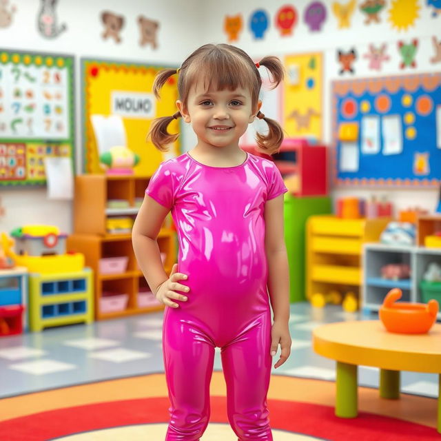 A preschool girl with short hair styled in pigtails stands confidently in a kindergarten setting