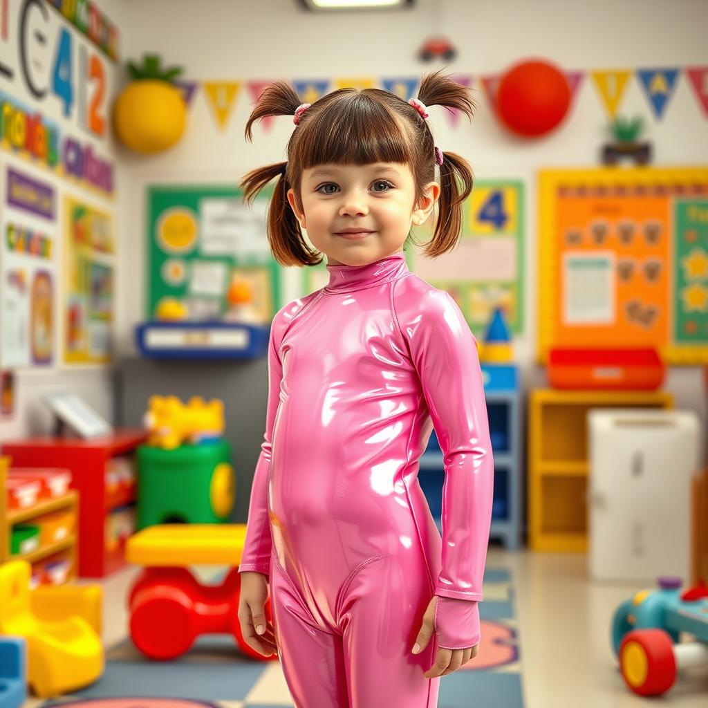 A preschool girl with short hair styled in pigtails stands confidently in a kindergarten setting