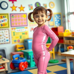 A preschool girl with short hair styled in pigtails stands confidently in a kindergarten setting