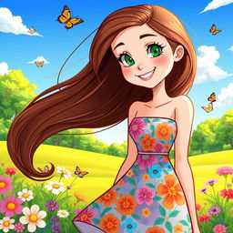 A vibrant cartoon illustration of a young woman with long, flowing brown hair, wearing a stylish summer dress adorned with bright floral patterns