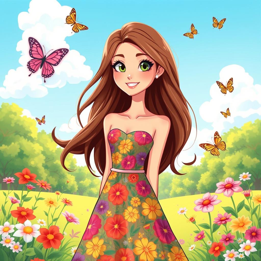 A vibrant cartoon illustration of a young woman with long, flowing brown hair, wearing a stylish summer dress adorned with bright floral patterns