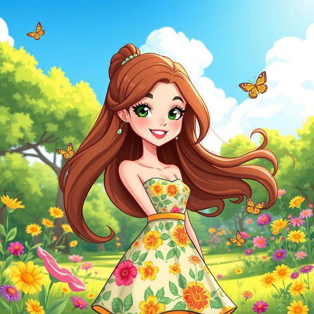 A vibrant cartoon illustration of a young woman with long, flowing brown hair, wearing a stylish summer dress adorned with bright floral patterns