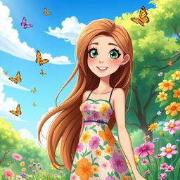 A vibrant cartoon illustration of a young woman with long, flowing brown hair, wearing a stylish summer dress adorned with bright floral patterns