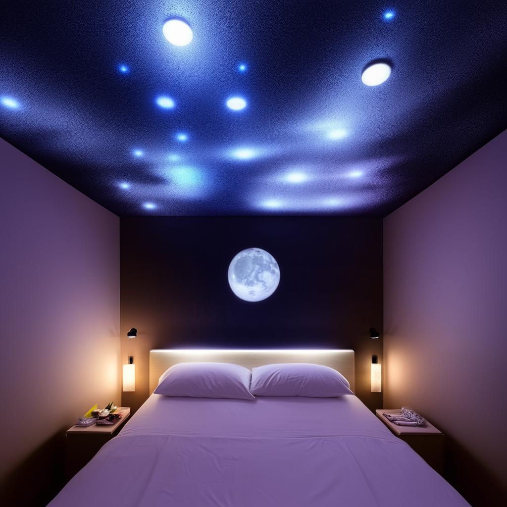 A rejuvenating room with a double bed, a ceiling resembling a moon's surface lit by LEDs, space dedicated to action figures, a wall covered with anime posters, all contributing to a fresh ambience.