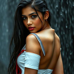 An erotic Indian model wearing a skimpy school uniform, soaking in the rain with long wet hair cascading down her shoulders