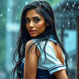 An erotic Indian model wearing a skimpy school uniform, soaking in the rain with long wet hair cascading down her shoulders