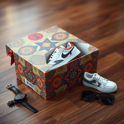 A creatively designed shoe box, featuring intricate patterns, vibrant colors, and a stylish modern look