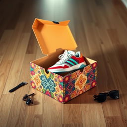 A creatively designed shoe box, featuring intricate patterns, vibrant colors, and a stylish modern look