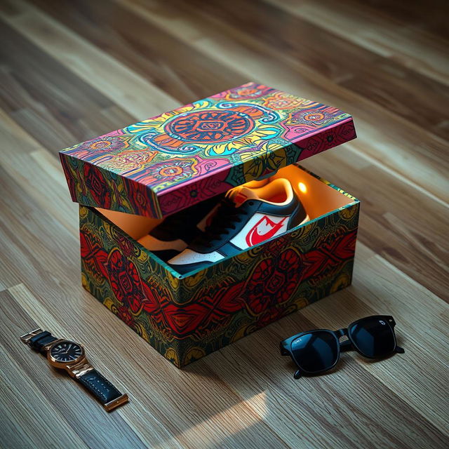 A creatively designed shoe box, featuring intricate patterns, vibrant colors, and a stylish modern look