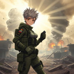 A fierce and determined girl named Candy, clad in tactical military gear, stands confidently as the commander of the ViPz alliance in a war-torn landscape