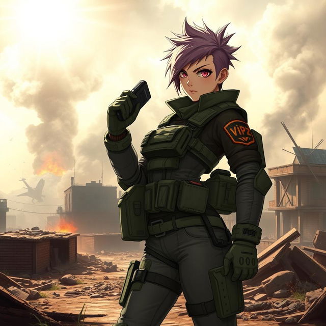 A fierce and determined girl named Candy, clad in tactical military gear, stands confidently as the commander of the ViPz alliance in a war-torn landscape